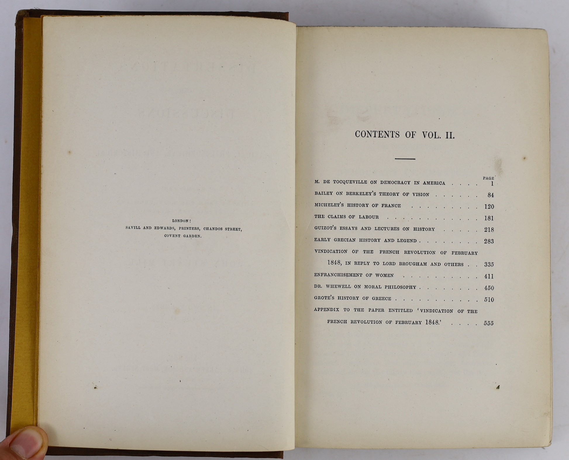 Mill, John Stuart - Dissertations and Discussions: political, philosophical, and historical... First Edition, 2 vols. original blind-decorated and gilt-lettered cloth. 1859
